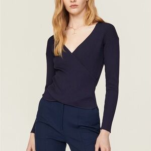 SIMKHAI Maci Wrap Top Navy Blue Ribbed Knit Long Sleeve Size S $295 Retail